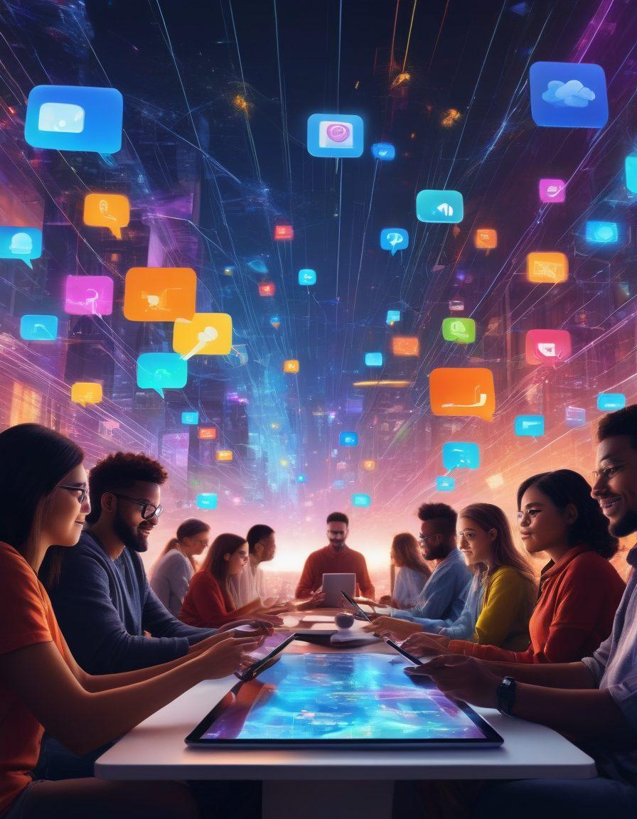 A vibrant digital landscape showcasing diverse people engaging with each other on various devices, symbolizing connection and community building. Include elements like chat bubbles, social media icons, and colorful avatars interacting in a lively environment. The backdrop should depict a merging of digital and real worlds, with glowing connections bridging the gaps. super-realistic. bright colors. dynamic composition.