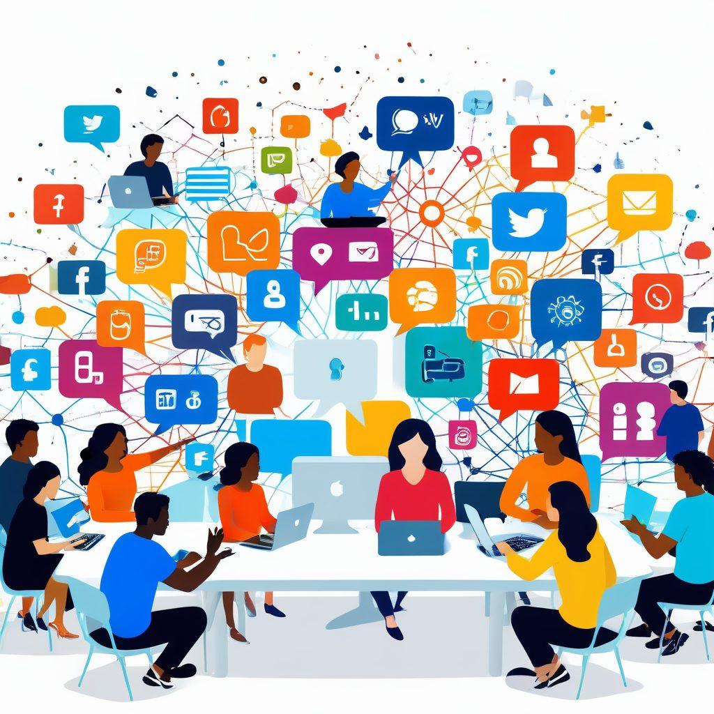 A vibrant, interconnected web of various social media icons and blog content snippets branching out from a central blog hub, symbolizing networking and sharing. Include diverse people engaging with the blog on laptops and smartphones, illustrating collaboration and connection. Bright colors and dynamic movement to convey energy and excitement. digital art. vibrant colors. white background.